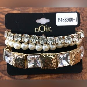 NWT nOir Jewelry 3-Bracelet Set with Gold Diamond and Pearl Look
